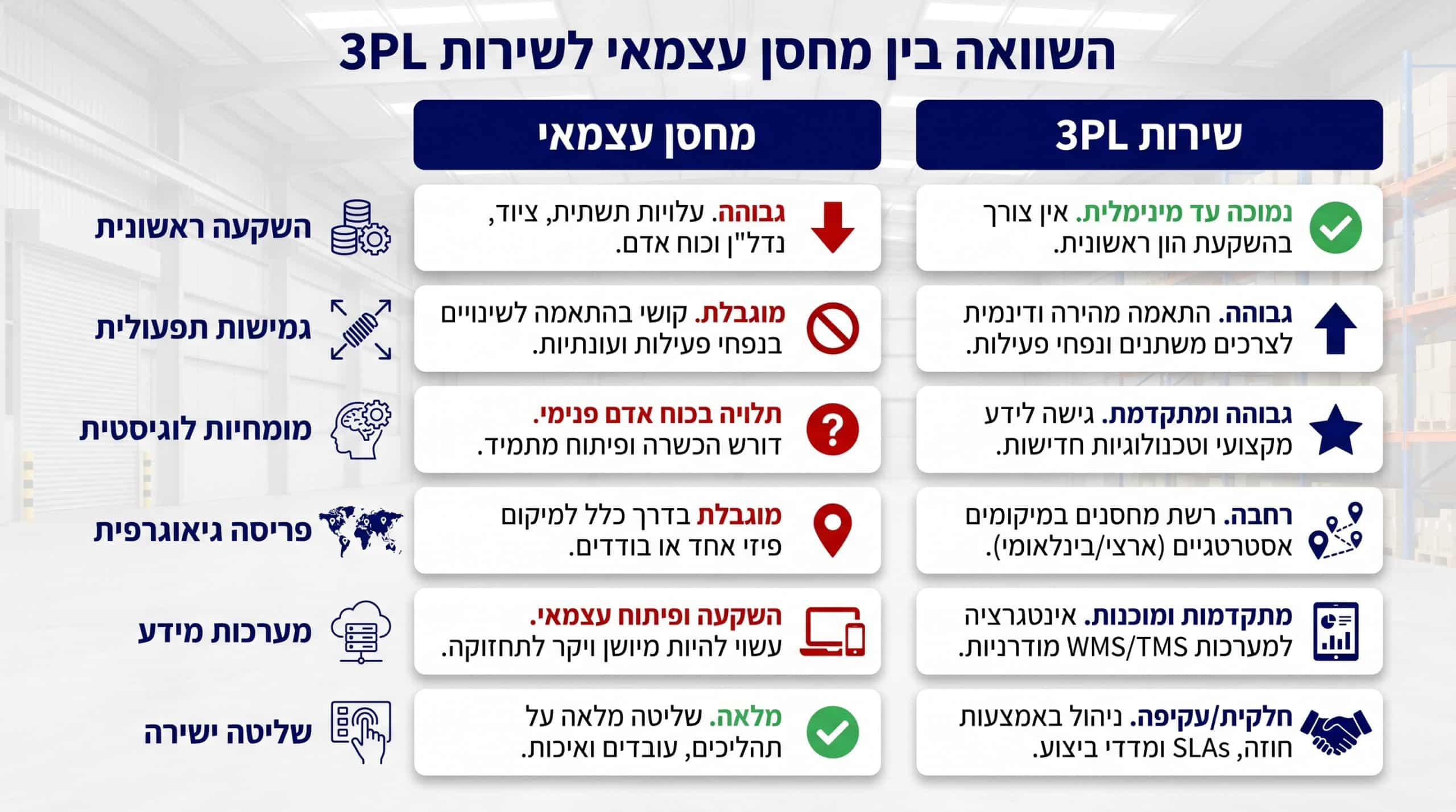 קריטריונים לבחירת ספק לוגיסטי חיצוני: השוואה בין מחסן עצמאי לשירות 3PL מקצועי