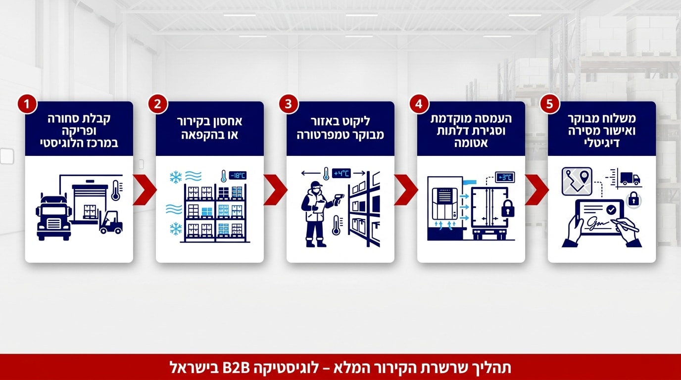 שלבי שרשרת הקירור המלאה — מקבלה במרכז לוגיסטי ועד מסירה ללקוח הסופי